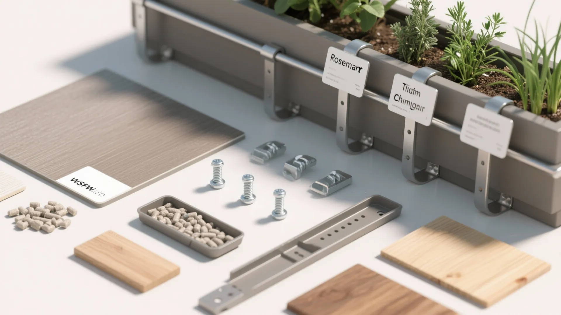 Flatlay of compact laminate, aluminum brackets, fasteners, substrates, and herb samples.