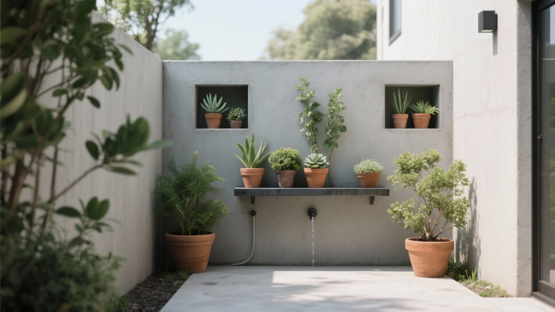 Modern outdoor concrete wall with square recessed shelves holding various small green potted succulent plants