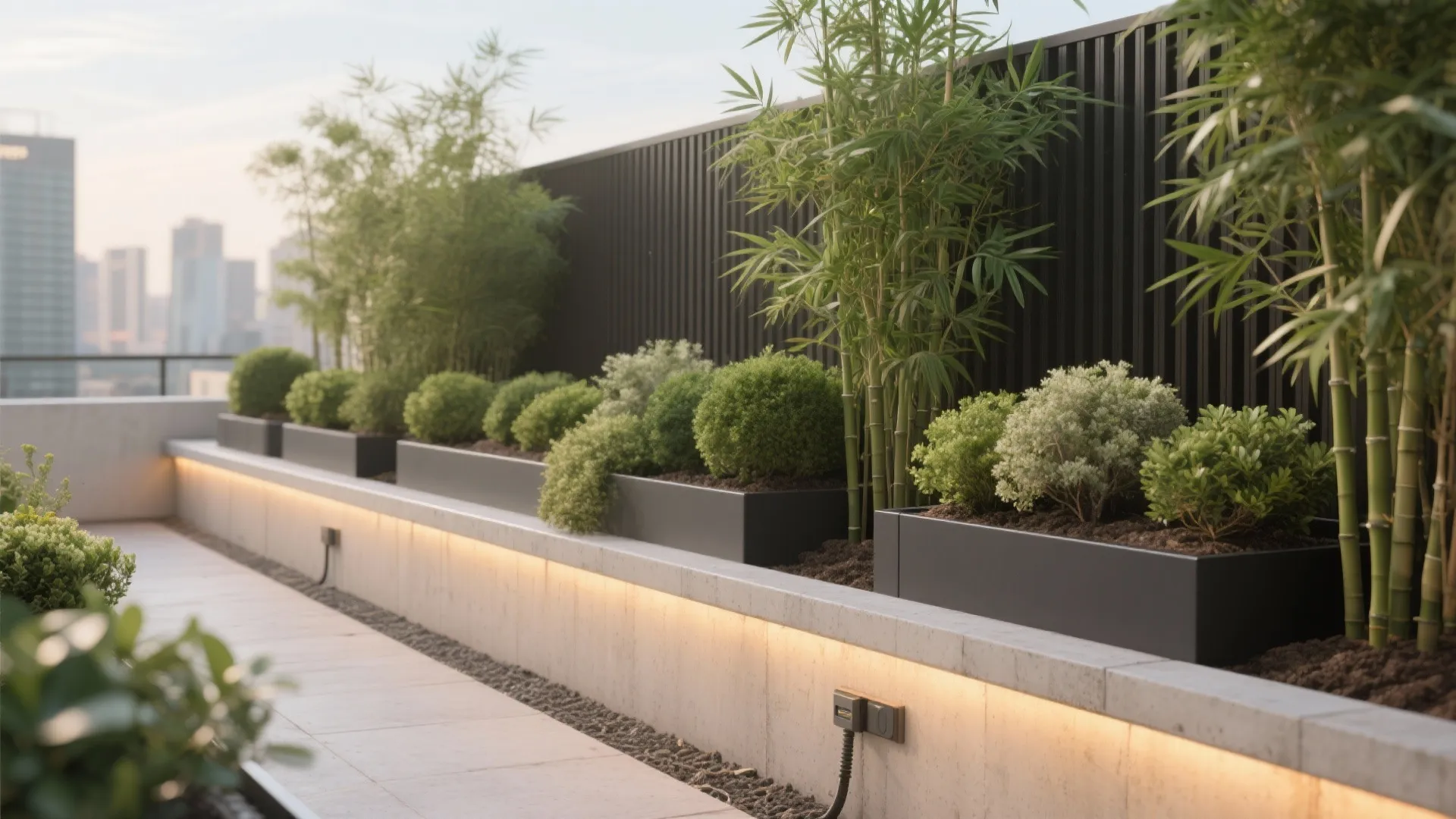 Rooftop garden with black metal fence green bamboo plants in grey planters and warm lighting