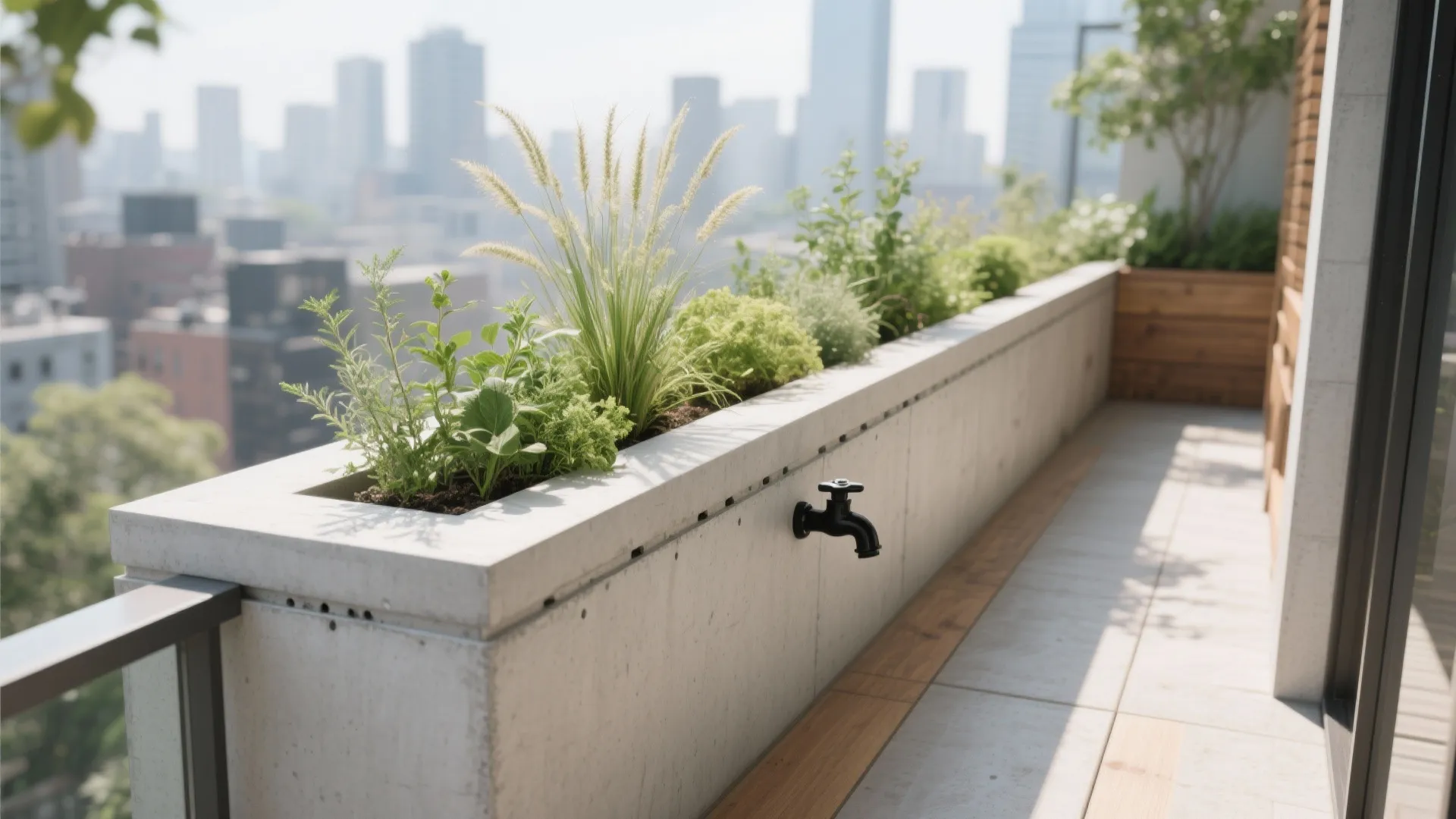 Planter-integrated concrete parapet with herbs and a drip edge on a small balcony.