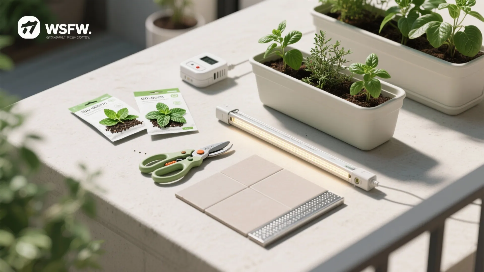 Flat lay of herb planters with wicking reservoirs, LED grow strip, timer, and garden tools.