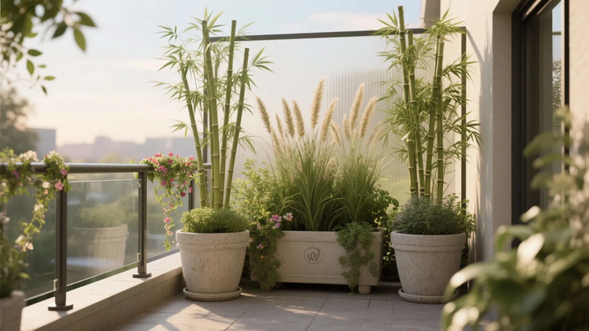 Layered balcony screen with tall grasses and bamboo behind herbs and trailing flowers, allowing airflow.