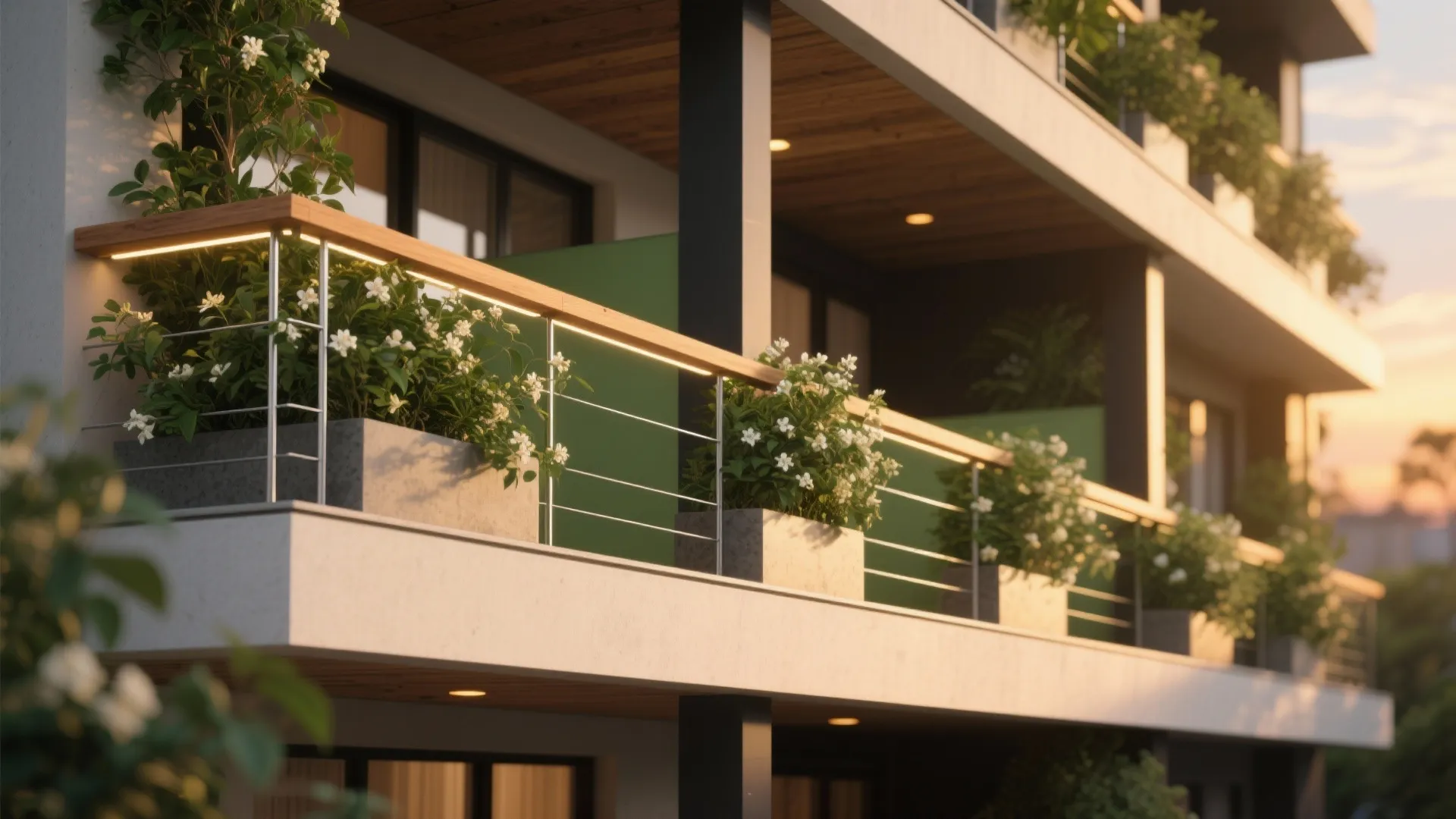 Planter-Integrated Railings for Green, Living Screens