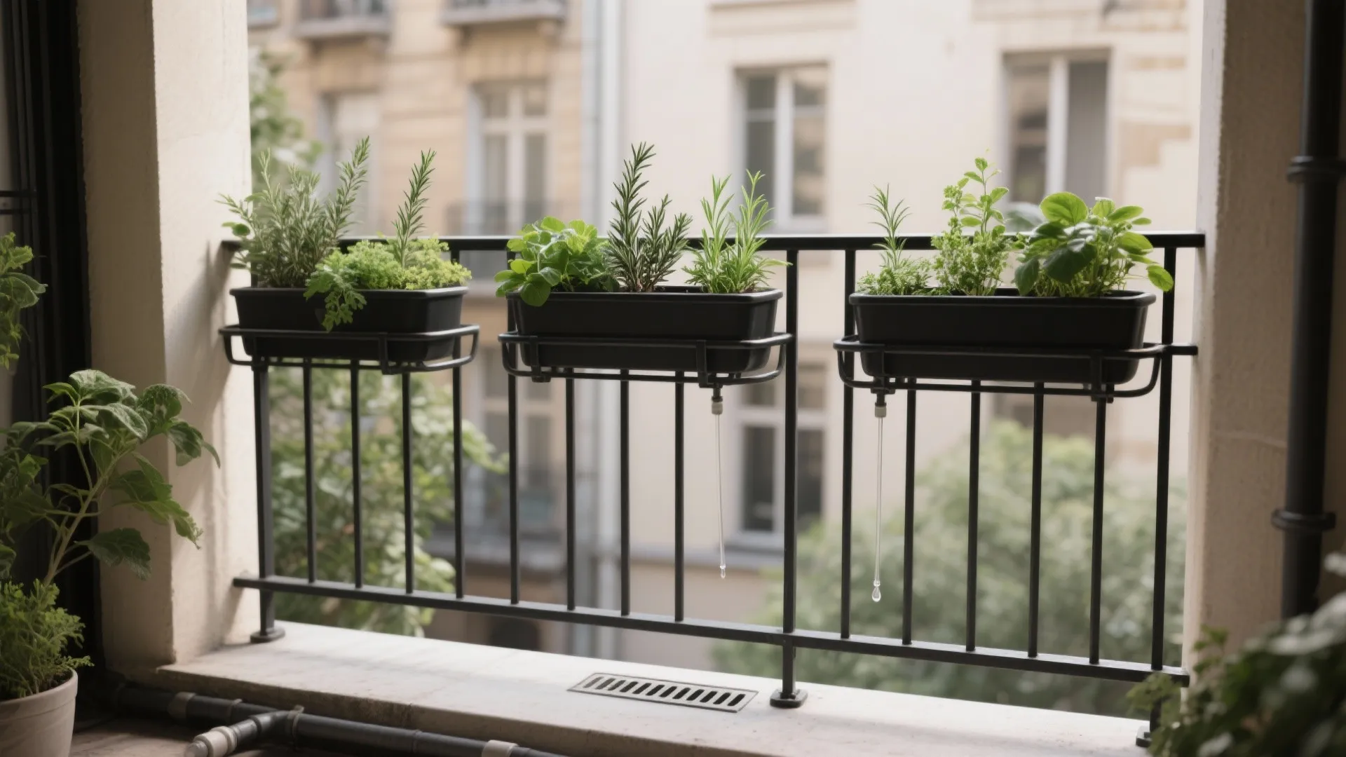 Three black metal planter boxes with green herbs hanging on a simple black balcony railing