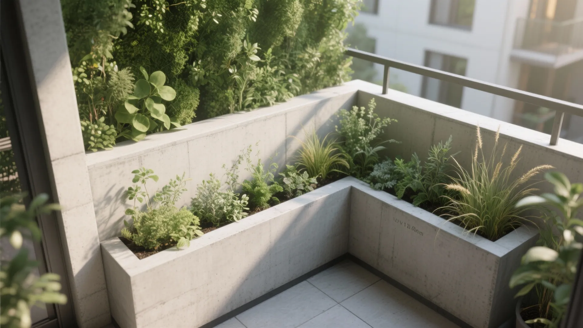Modern balcony with concrete planters filled with green plants and herbs under bright natural sunlight