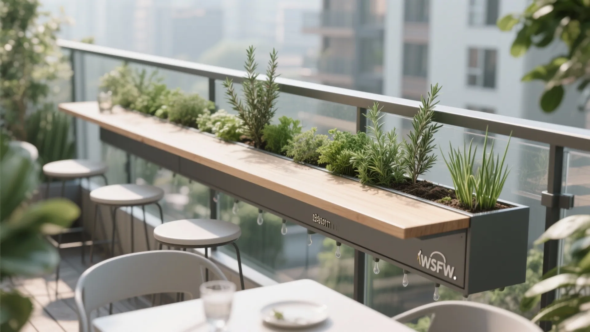 Planter-lined rail with slim dining bar ledge and herbs creating privacy.