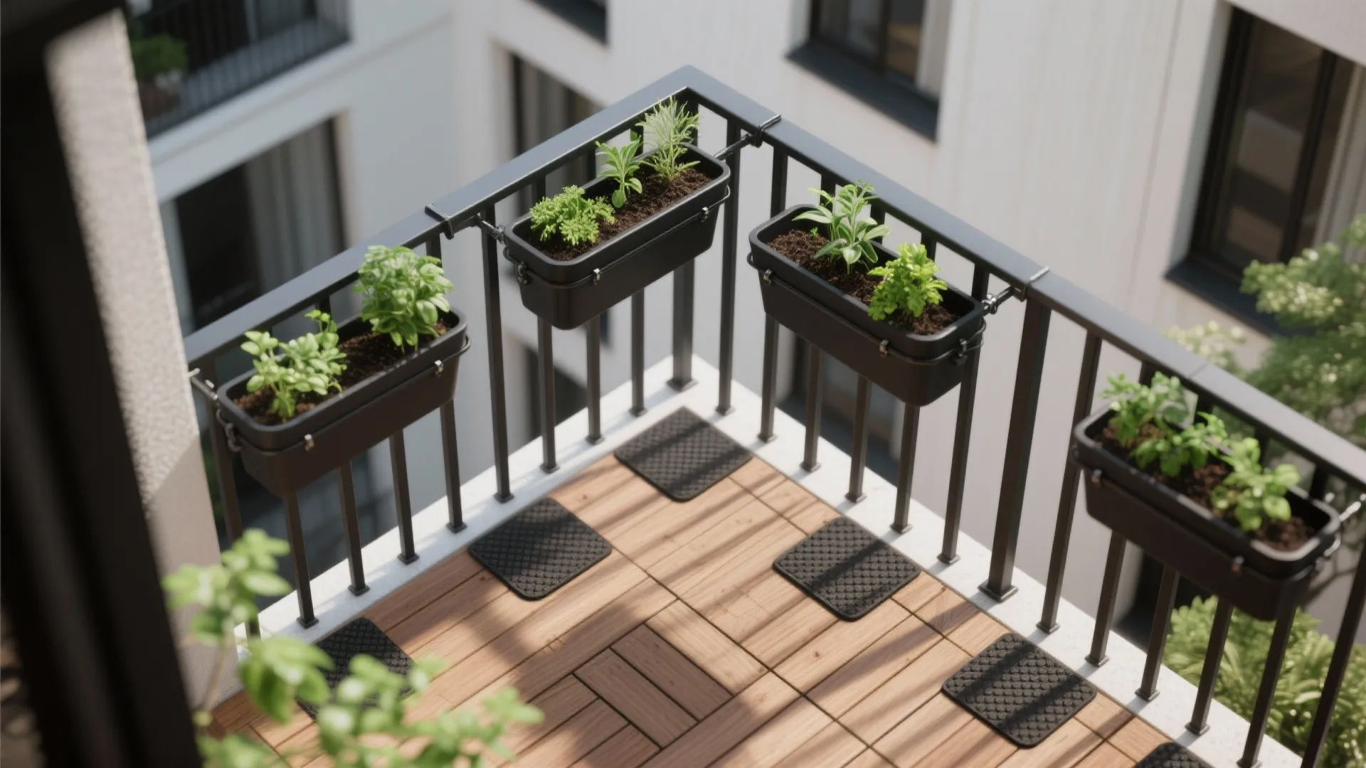 Top-down view of clamp-on planter boxes evenly spaced along a balcony rail with herbs and wood tiles.