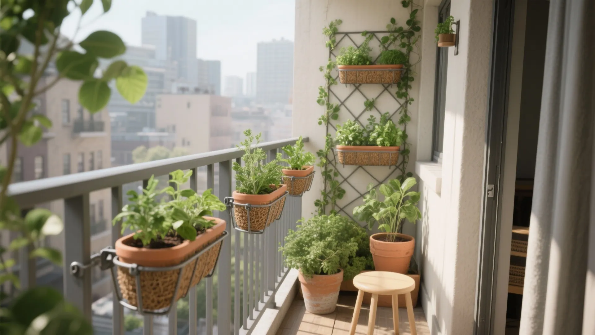 Apartment balcony featuring several potted green plants hanging on metal railings with a small stool