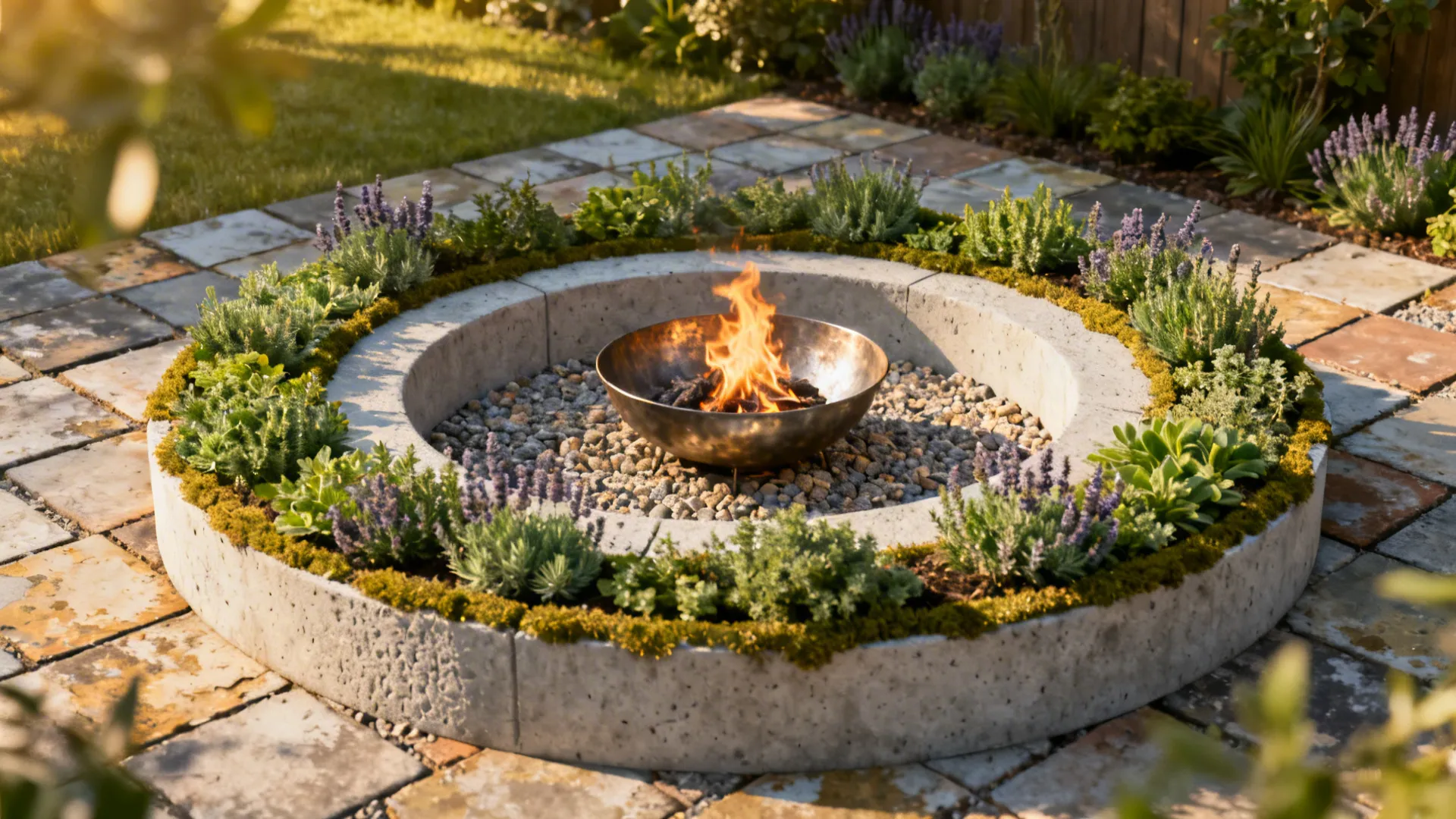 Circular concrete planter fire pit bowl surrounded by green plants and flowers on stone patio
