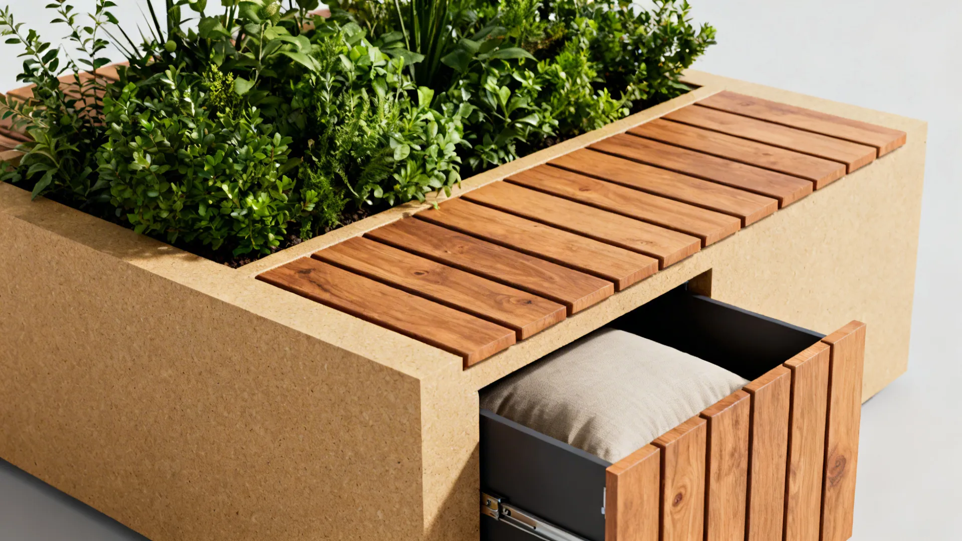Raised bench that doubles as a planter and storage with cedar slat facing.