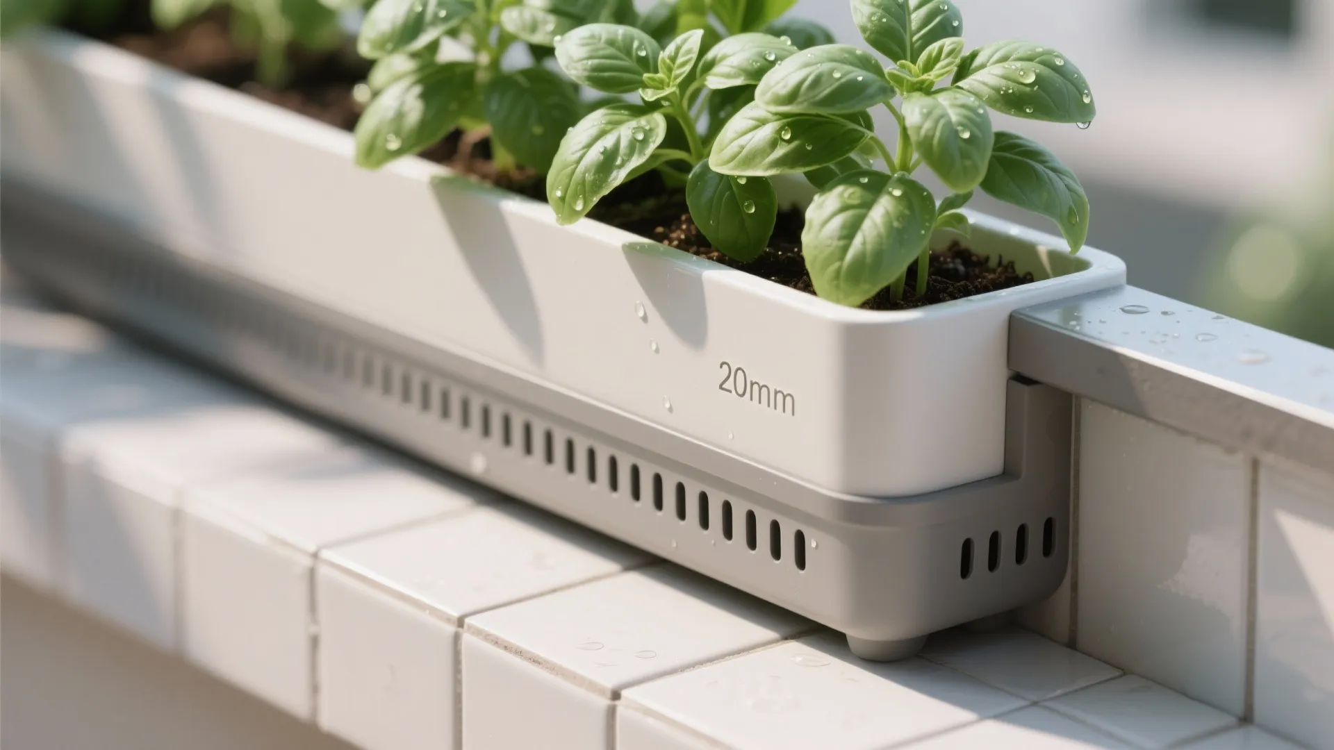 Green herbs growing in white plastic planter box sitting on window sill with water drops