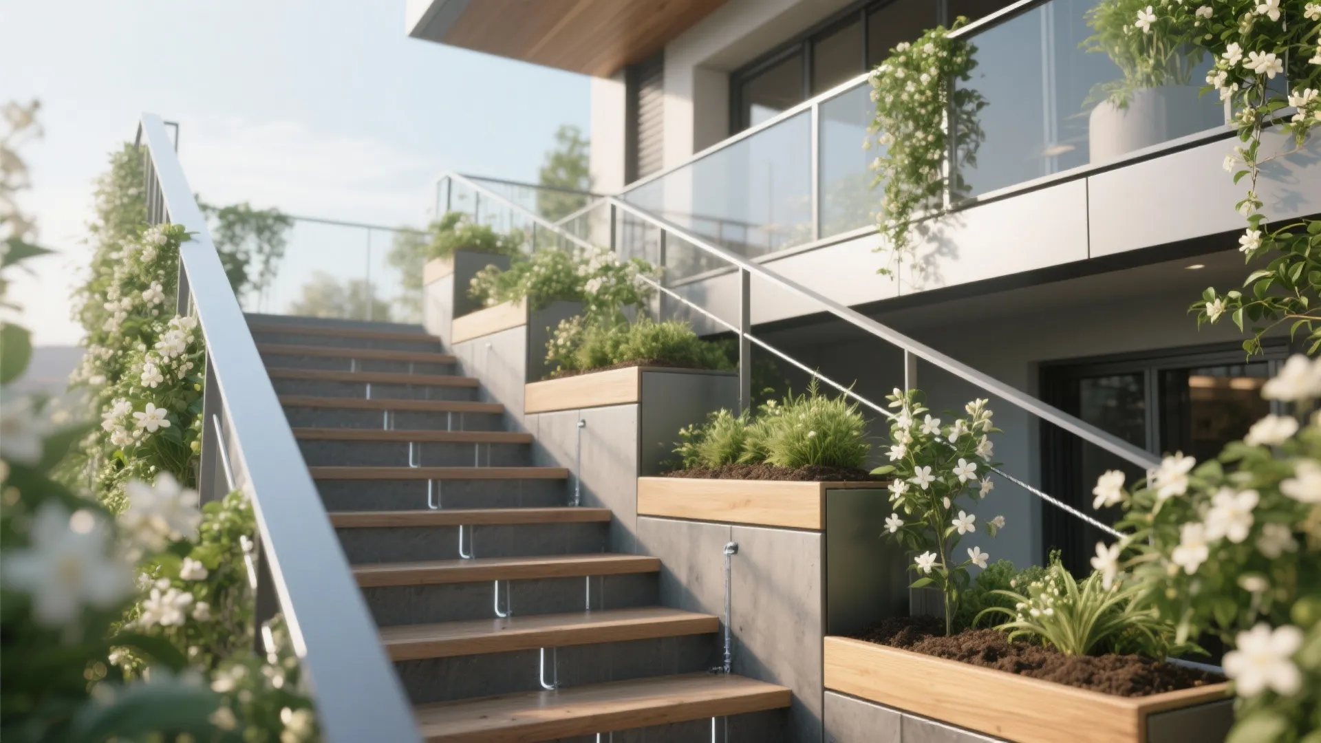 Outdoor wooden staircase with glass handrail and built in plant boxes filled with white flowers