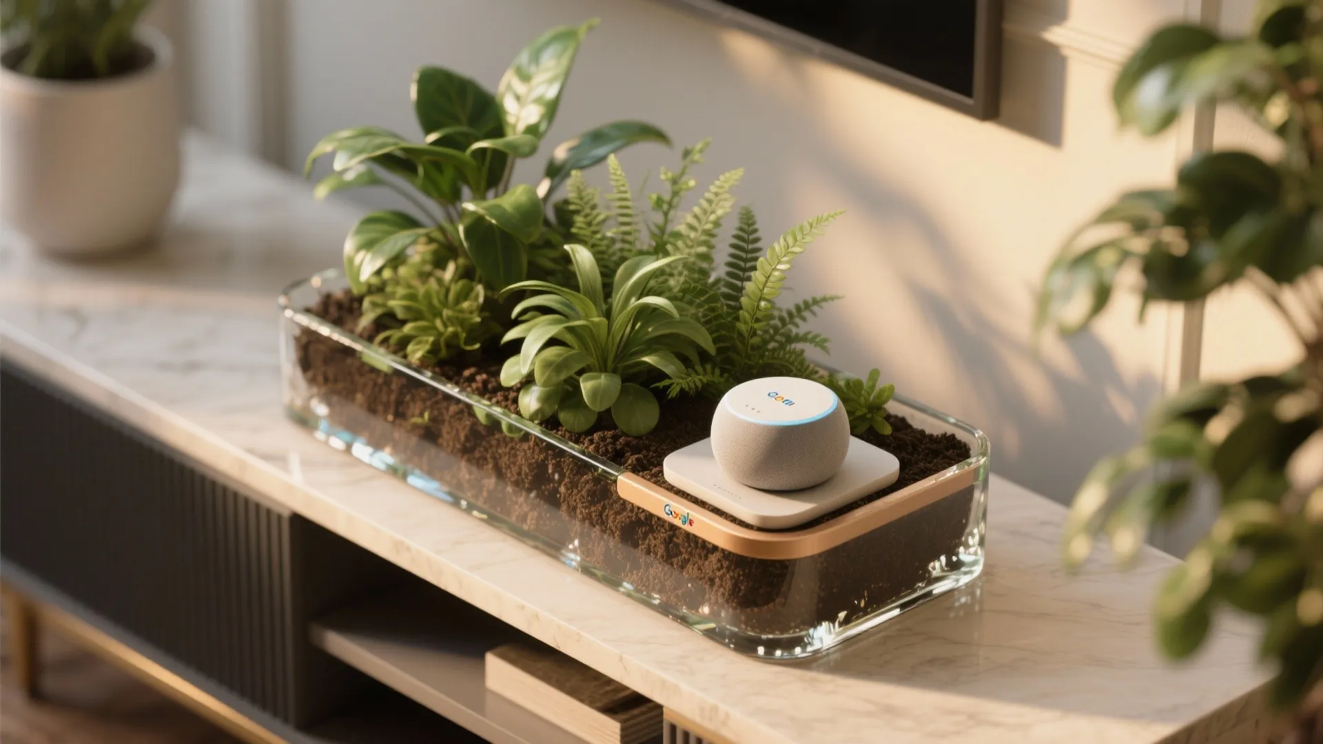 Glass planter with green plants and a small smart speaker on a marble table surface