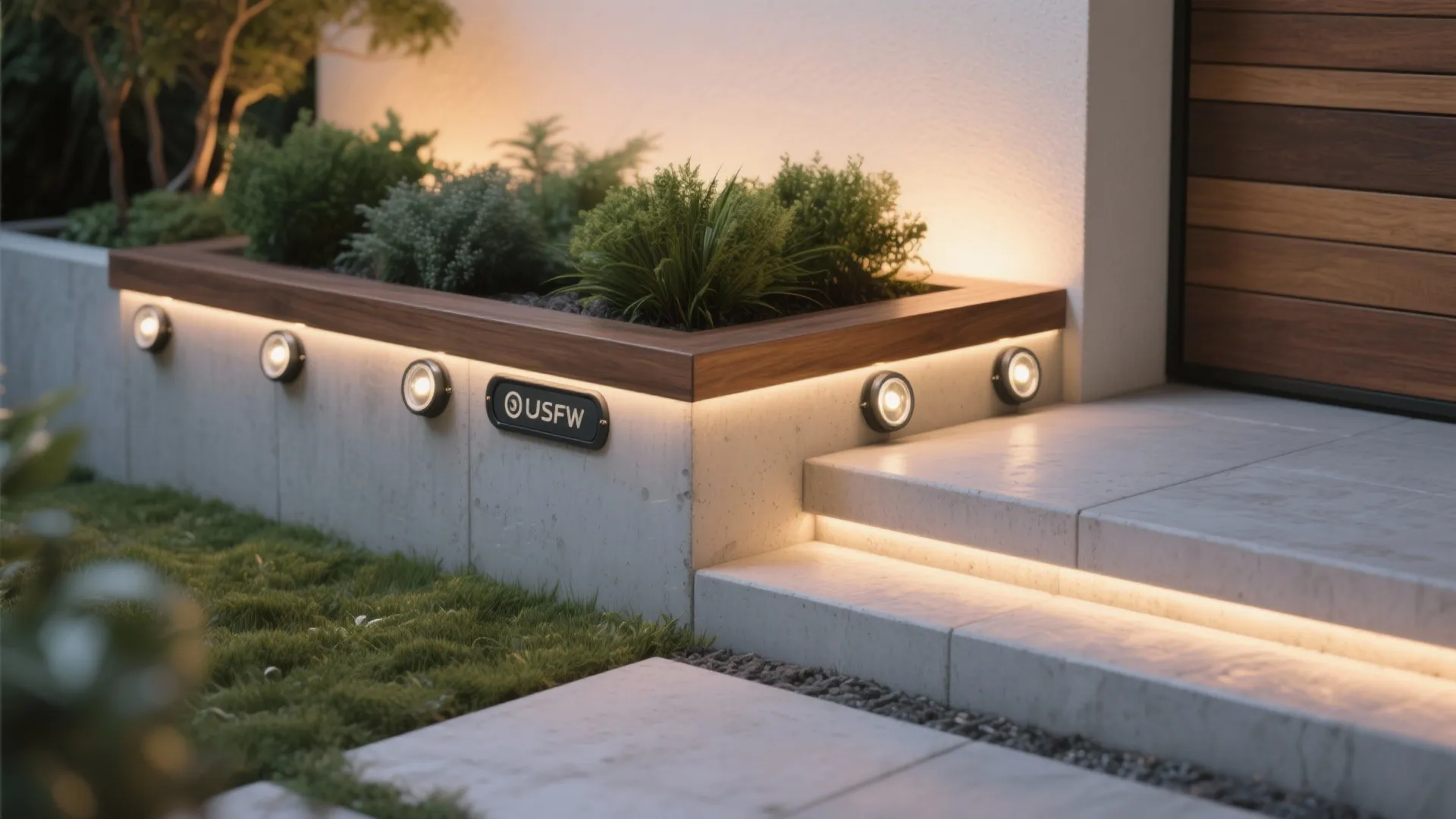 Modern outdoor garden steps with integrated lighting, wood planter box, small bushes, and stone tiles