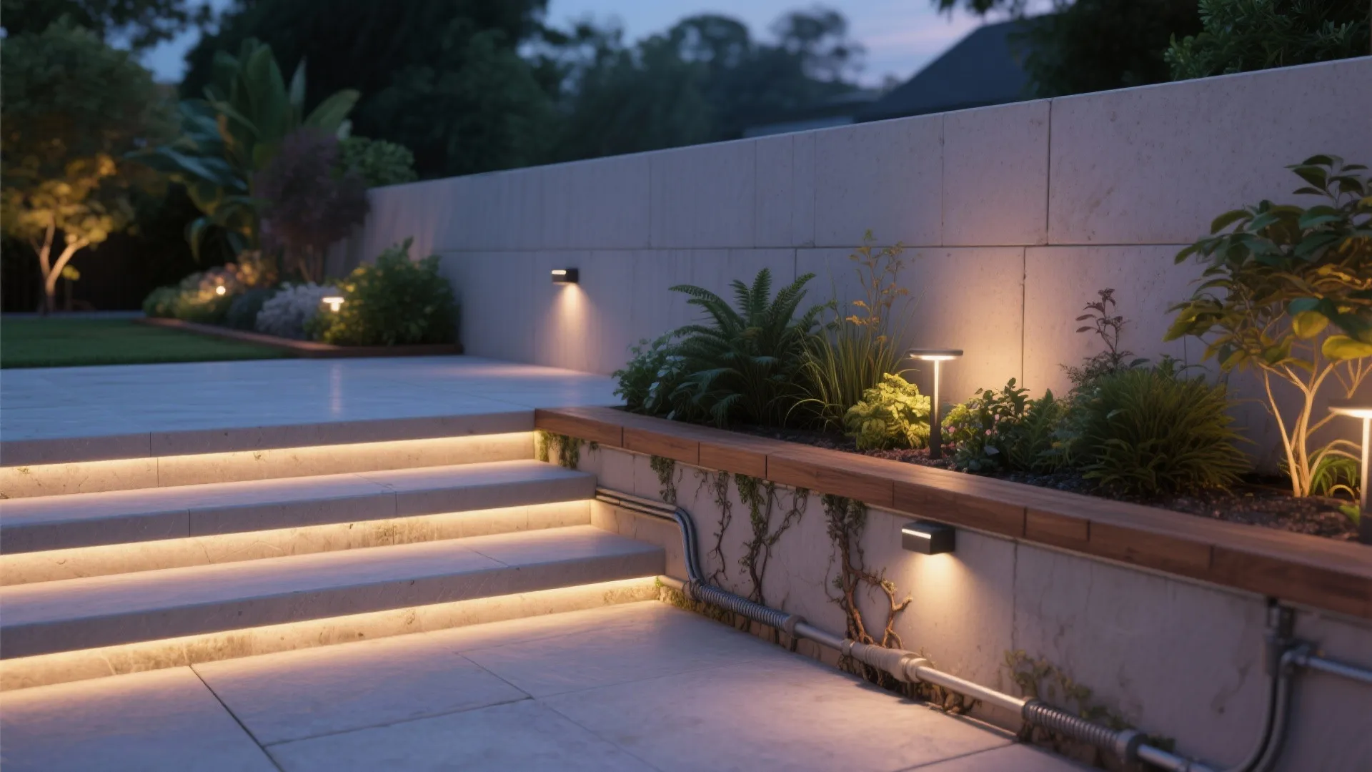 Terrace with planter-edge and step-integrated lights creating layered illumination along a retaining wall.