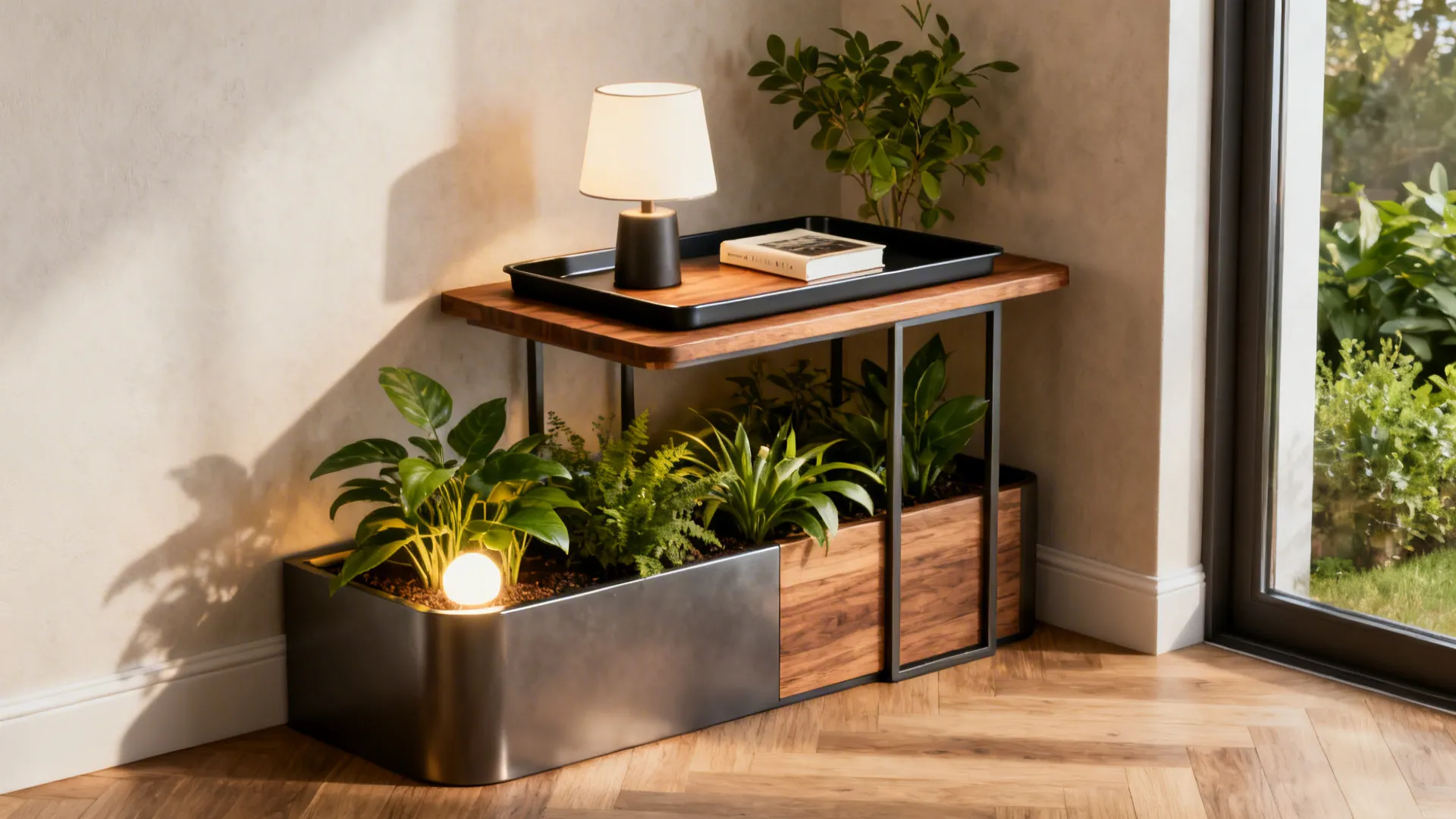 Two-tier planter-table hybrid with lower planter of houseplants and an upper tabletop with a lamp and book.