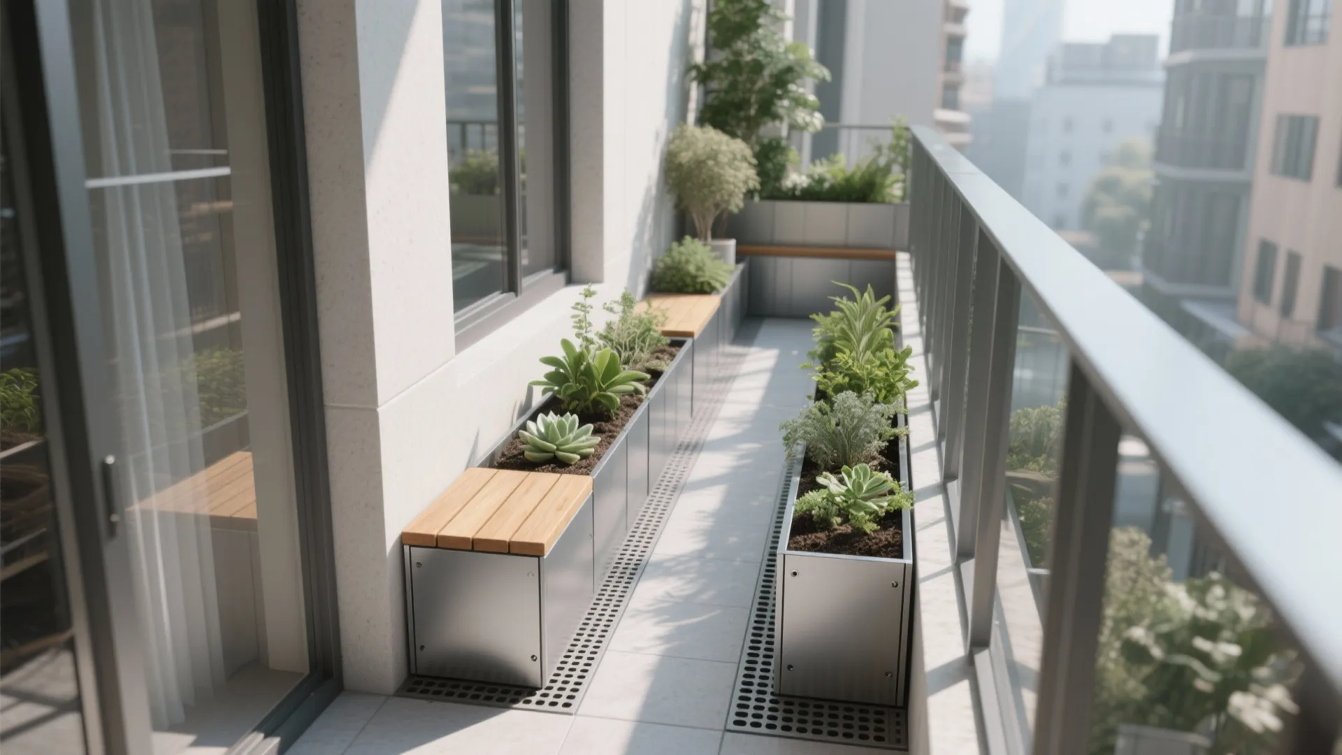 Top-down layout of modular aluminum planter-bench for a narrow balcony