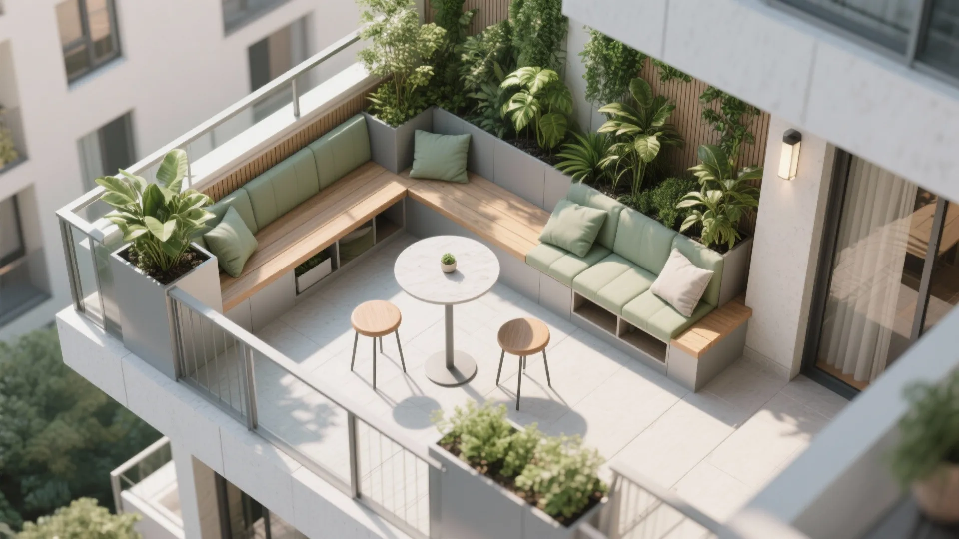 Slim planter ledge and integrated storage for a small balcony