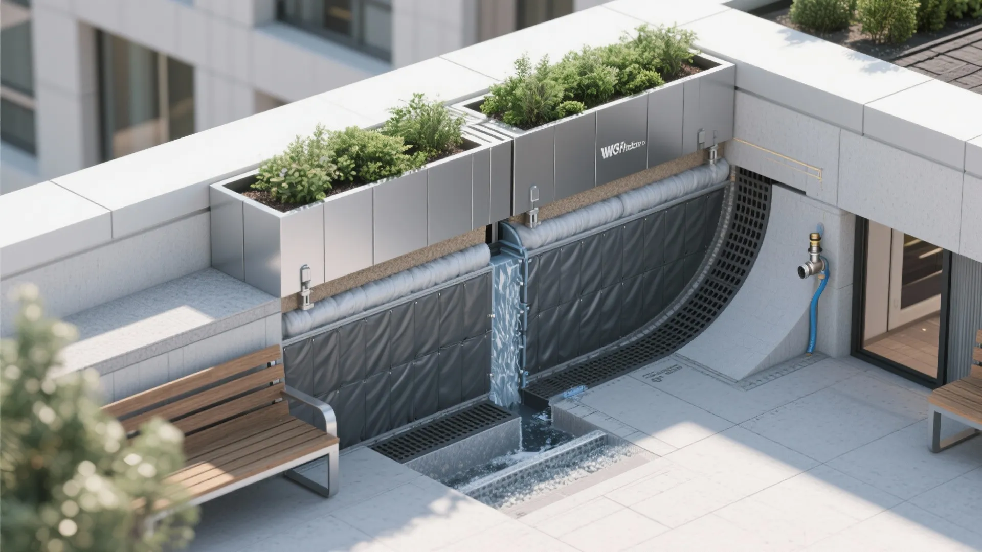 Rooftop terrace featuring metal planter boxes, green plants, small water fountain, and a wooden bench