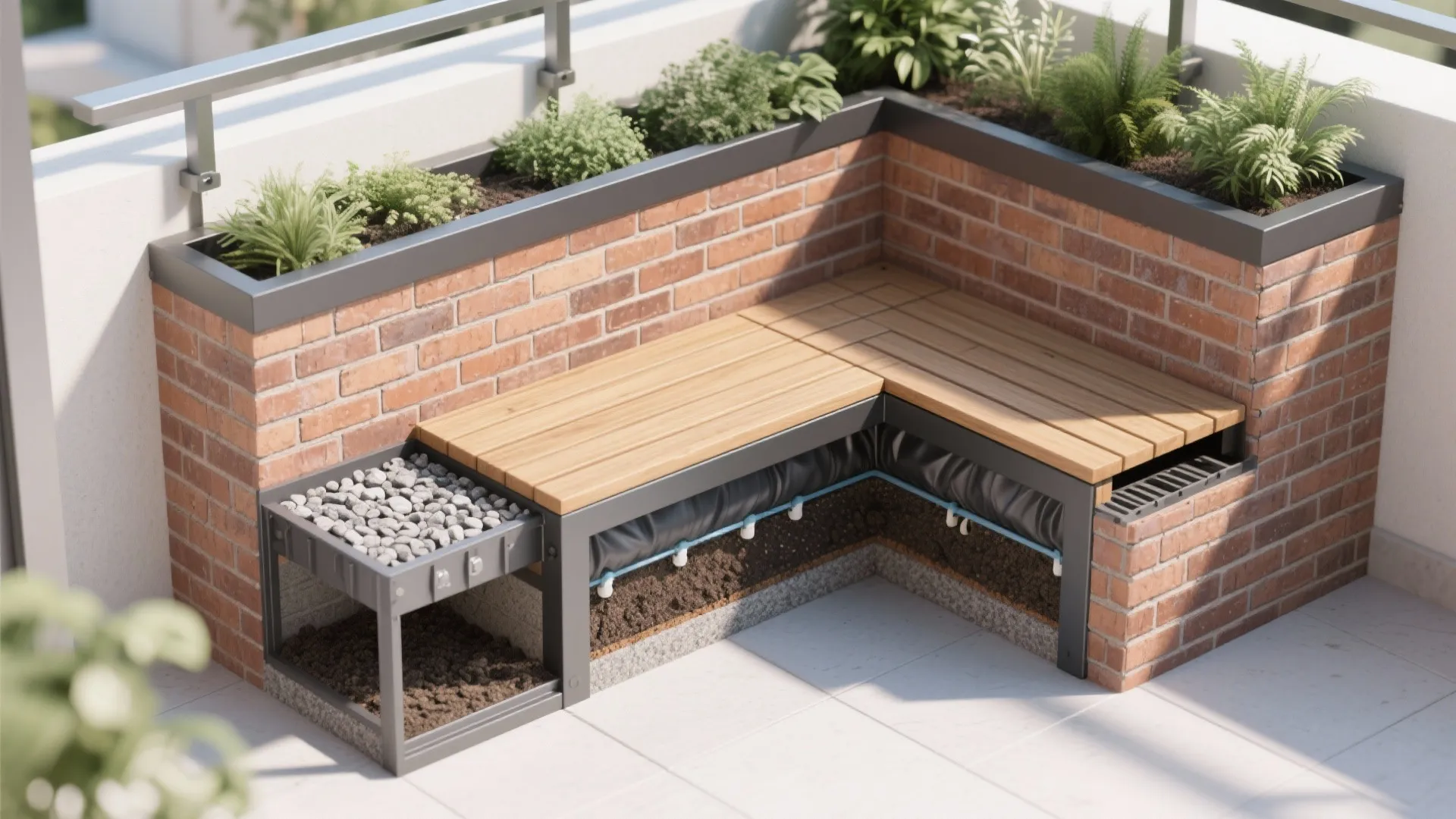 Brick planter with wooden bench and garden watering system for a modern outdoor balcony design