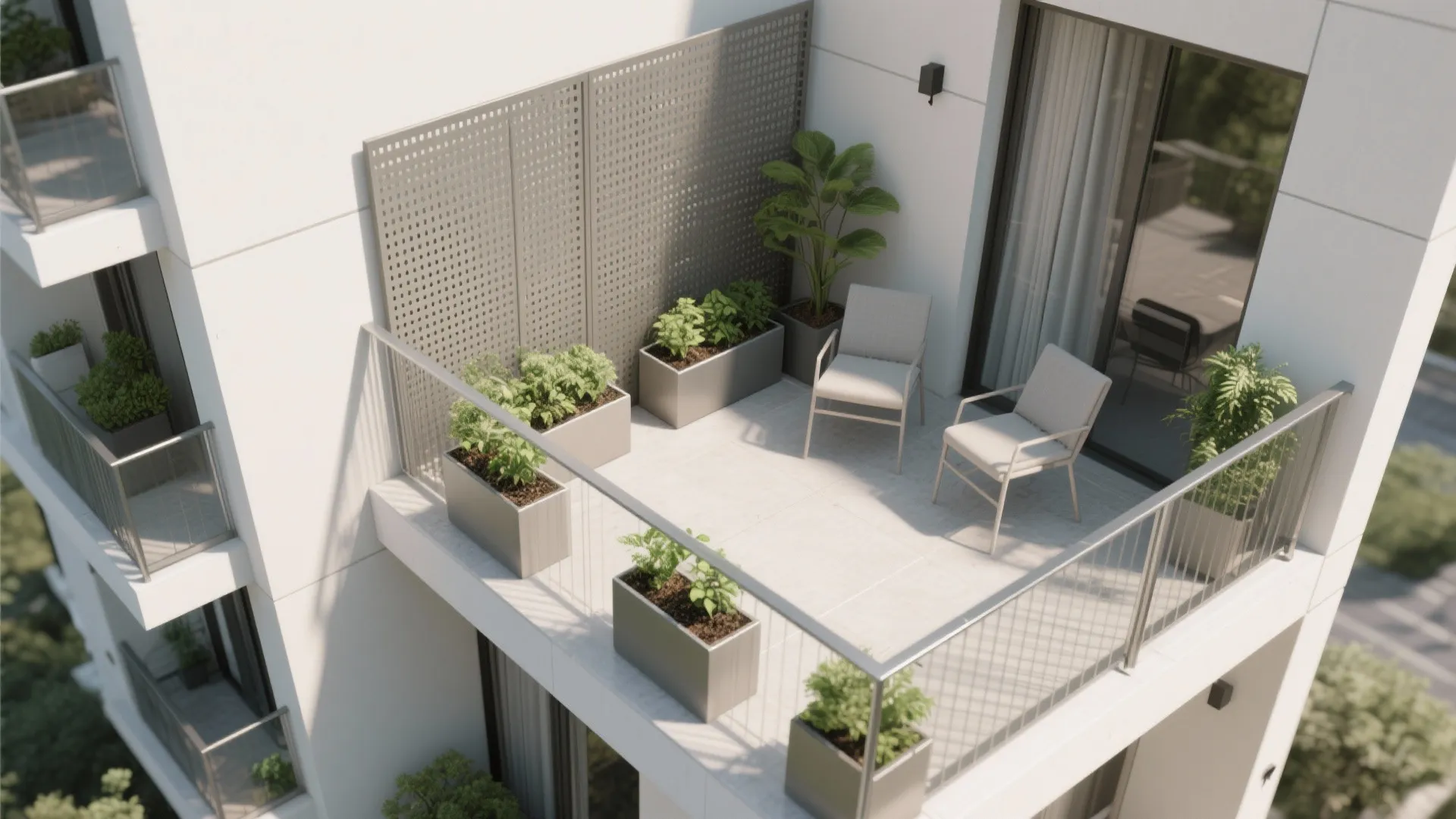 4) Privacy-Friendly Rails with Planters and Screens
