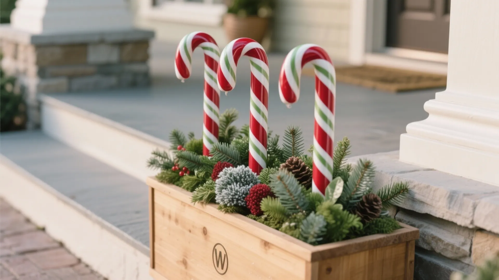 Wooden planter box filled with green branches pine cones and three striped candy cane decorations