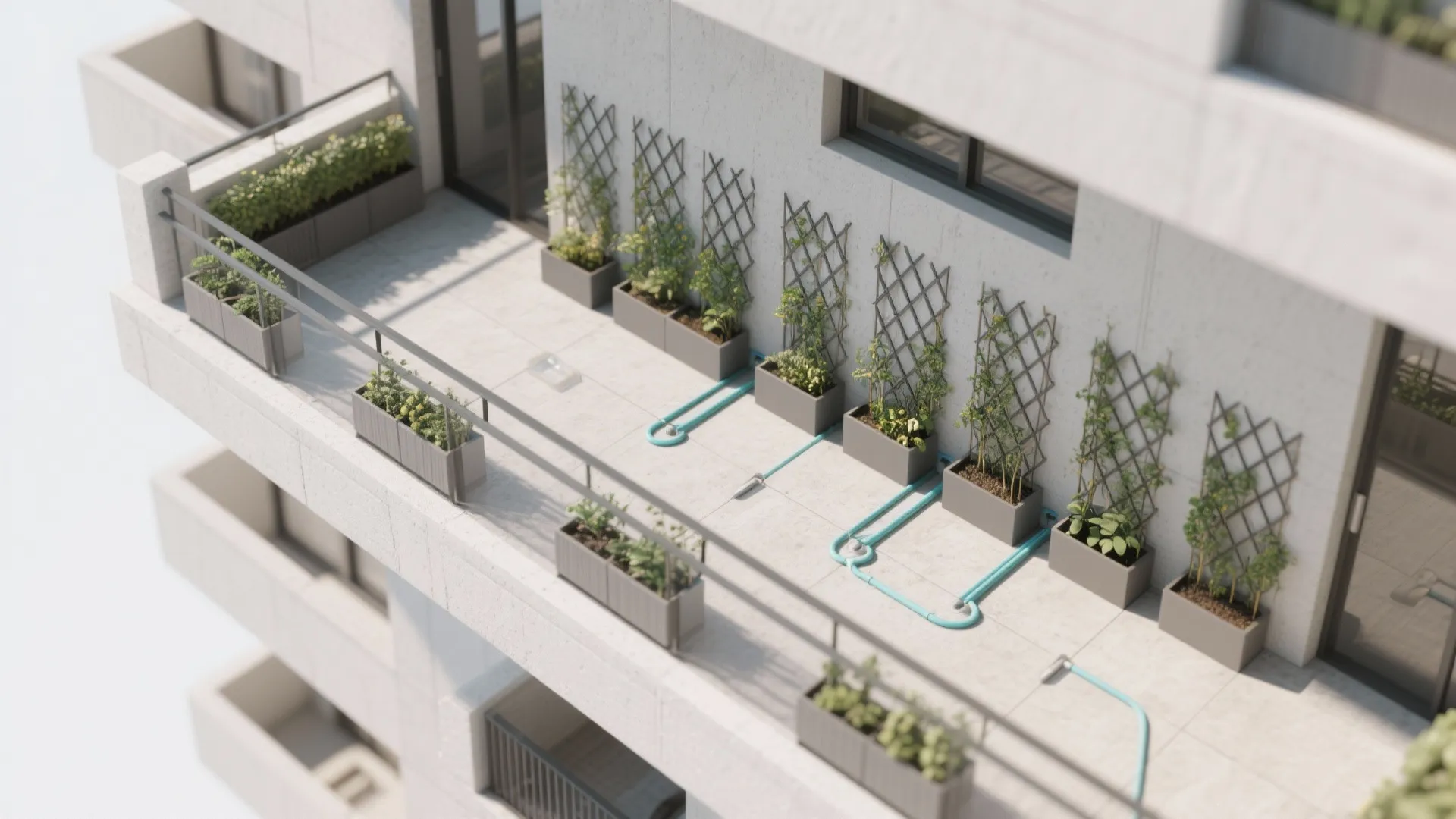 Top-down plan of balcony with modular planters, drip lines, and trellis spacing.