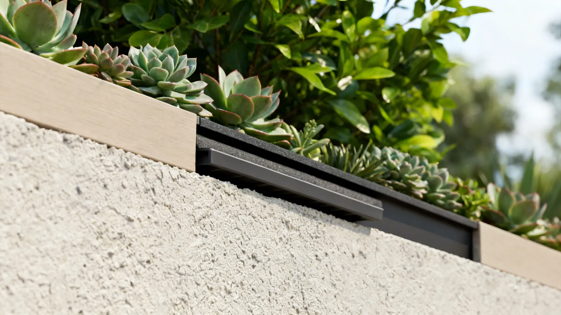 Close-up of a planter-integrated half wall with succulents and a removable drip tray for waterproofing.