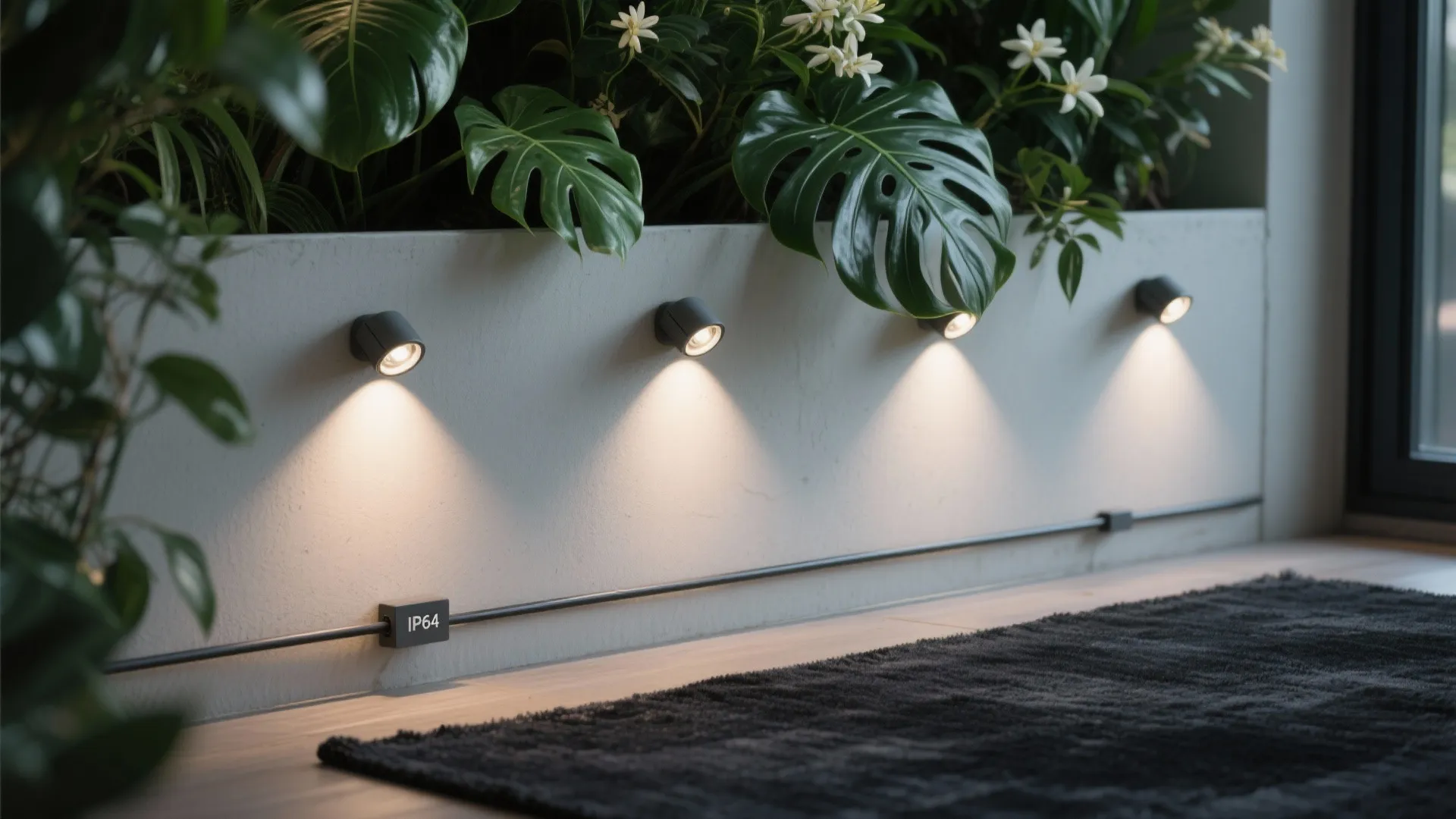Four small round wall lights installed on white planter box with green tropical leaves and rug