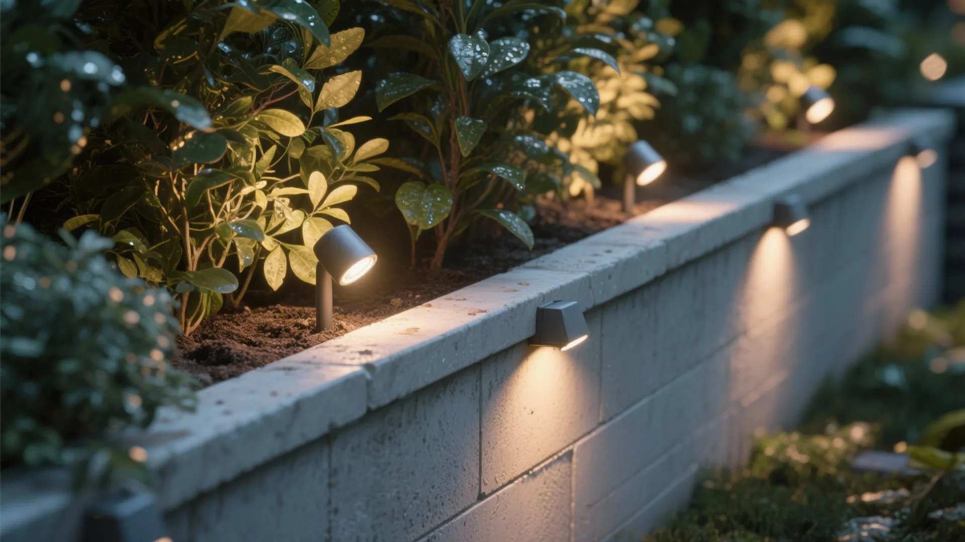 Small garden light fixtures illuminating green plants and stone wall in a modern backyard setting