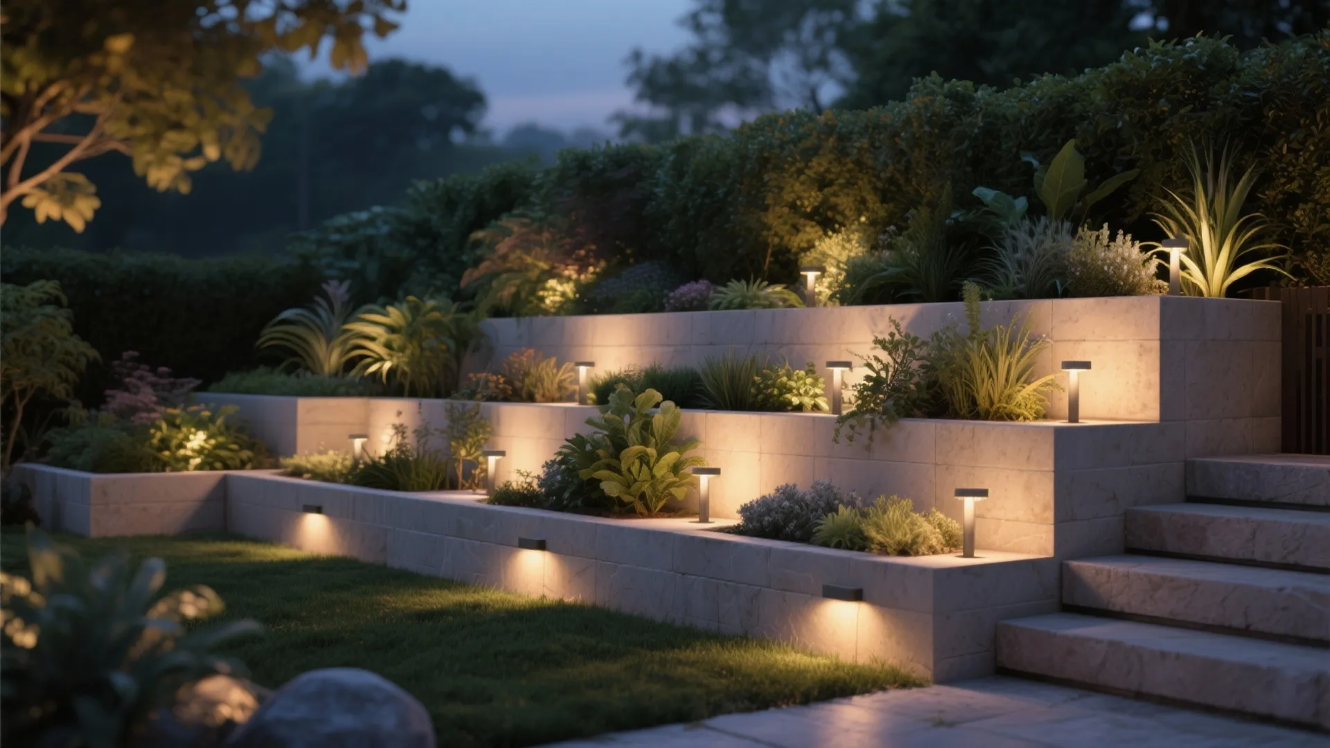 Tiered stone garden wall with small light fixtures illuminating green plants and stairs at night