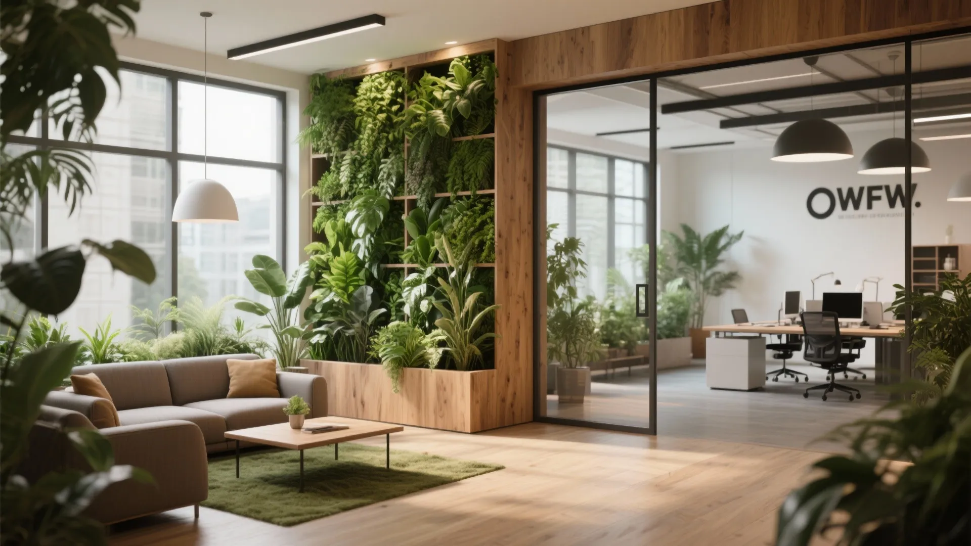 Green planter wall dividing living space and study area