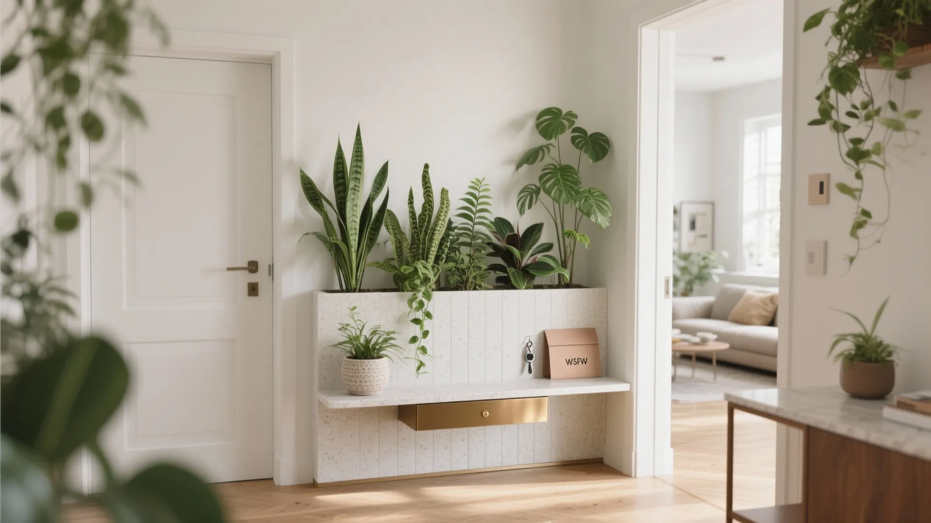 Modern white hallway with indoor plants built into a stone shelf next to a door