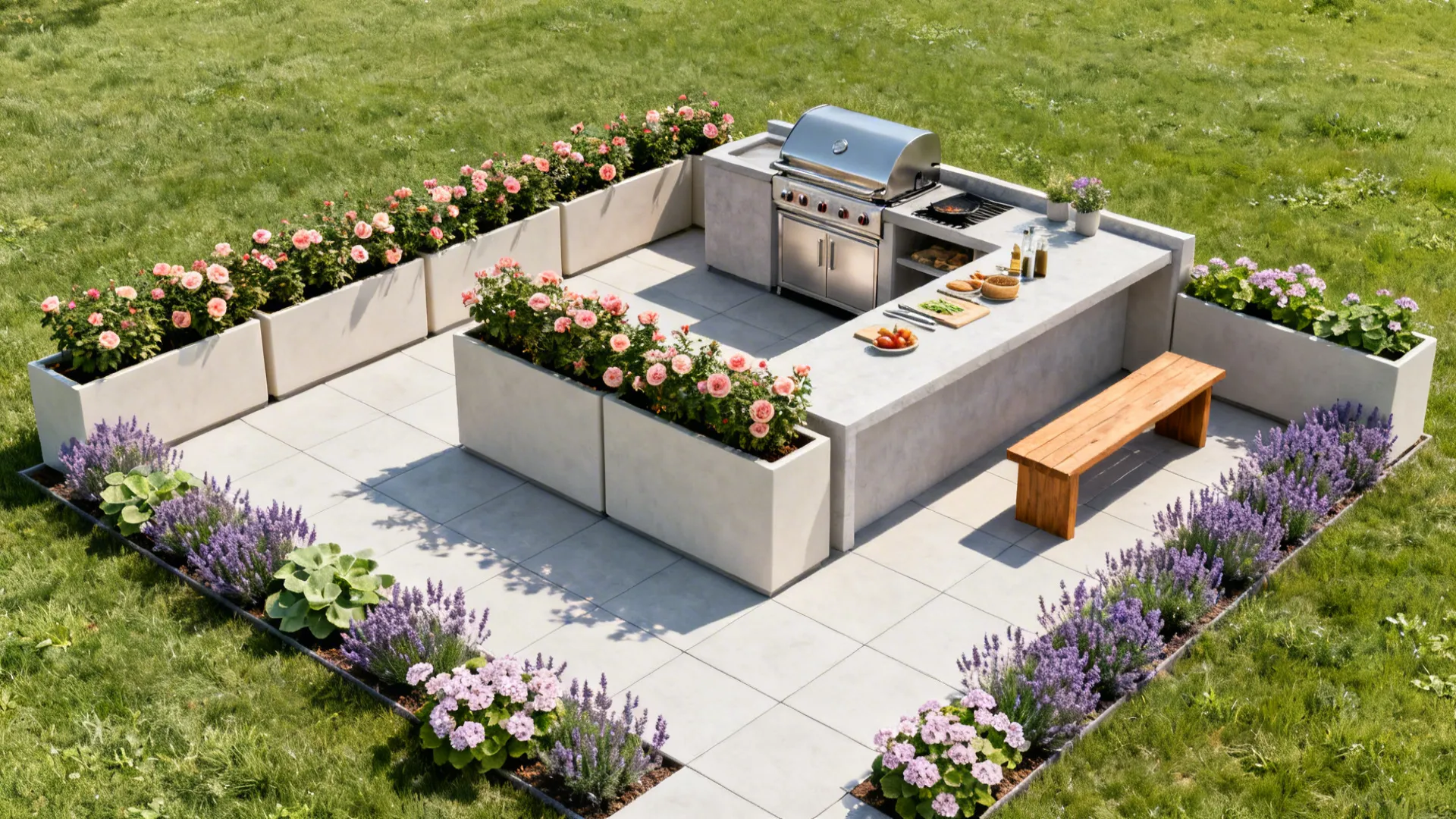 Top-down view of planters defining cook, prep, and serve zones in a compact patio kitchen.