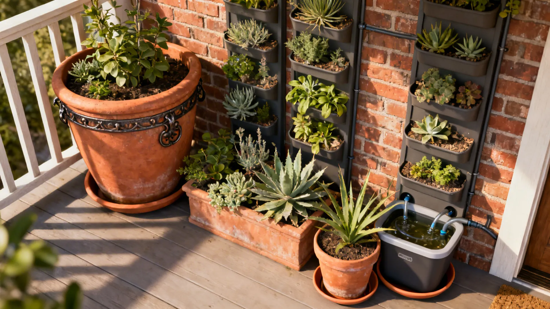 Terracotta pots and vertical planters staged against brick, showing plant and irrigation details.