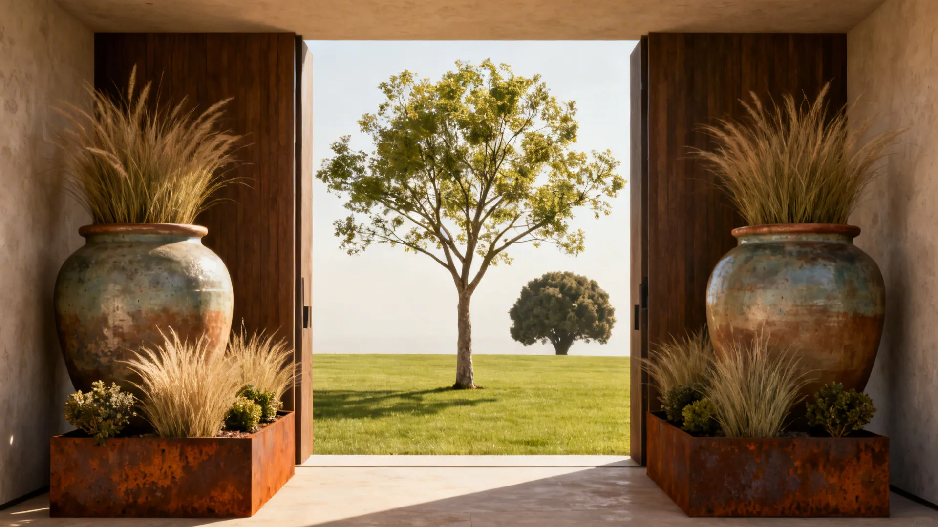Large planters by the entry and a specimen tree punctuating the lawn at a ranch home.