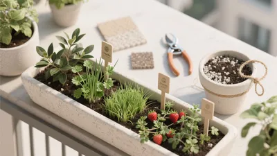 Balcony Herb Garden with Strawberries and Greenery