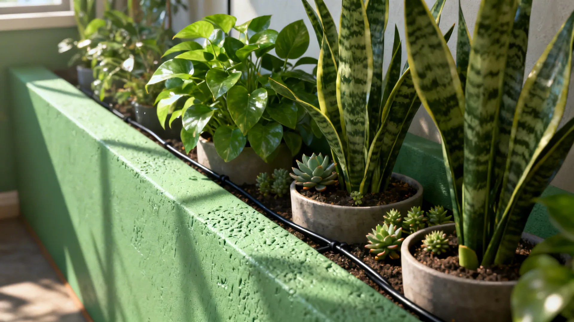 Indoor green plants including snake plants and succulents sitting in a long green wall planter box