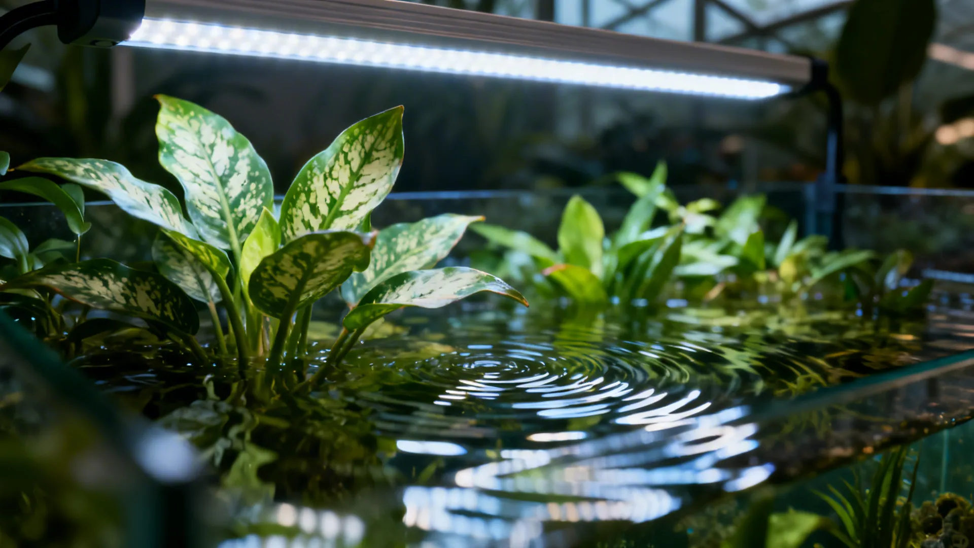 Close-up of low-light aquarium plants under full-spectrum LED lighting.