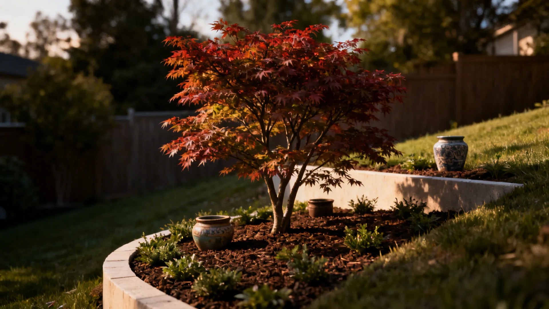 Single planting terrace with dwarf Japanese maple and container groupings on a slope