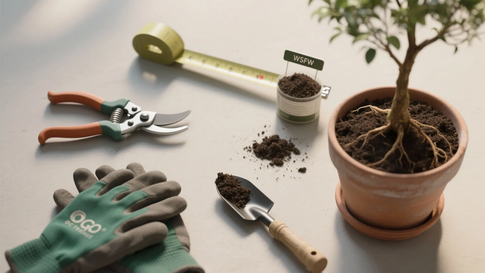 Green gardening gloves shears measuring tape and small shovel placed beside a potted indoor plant