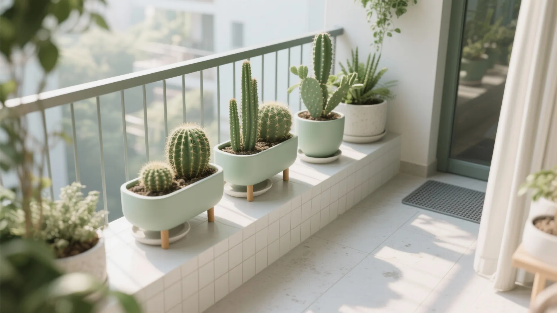 Planters on feet grouped by watering needs over clean porcelain and microcement zones.