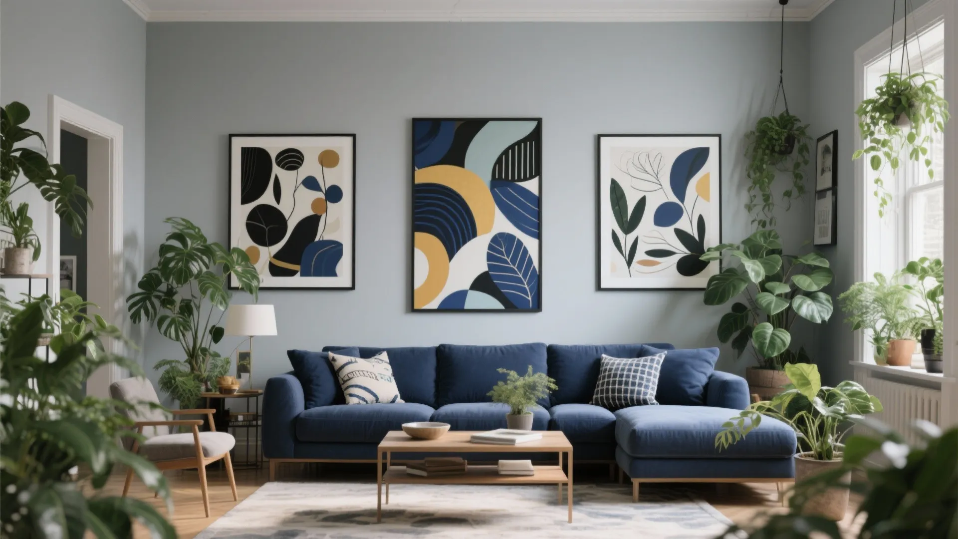 Modern living room featuring blue sofa wood coffee table framed wall art and many green plants