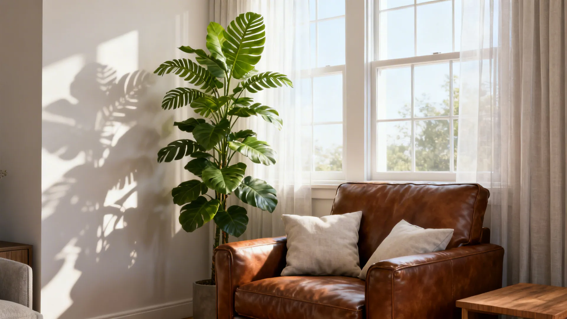Brown leather sofa next to a tall fiddle-leaf fig by a bright window.