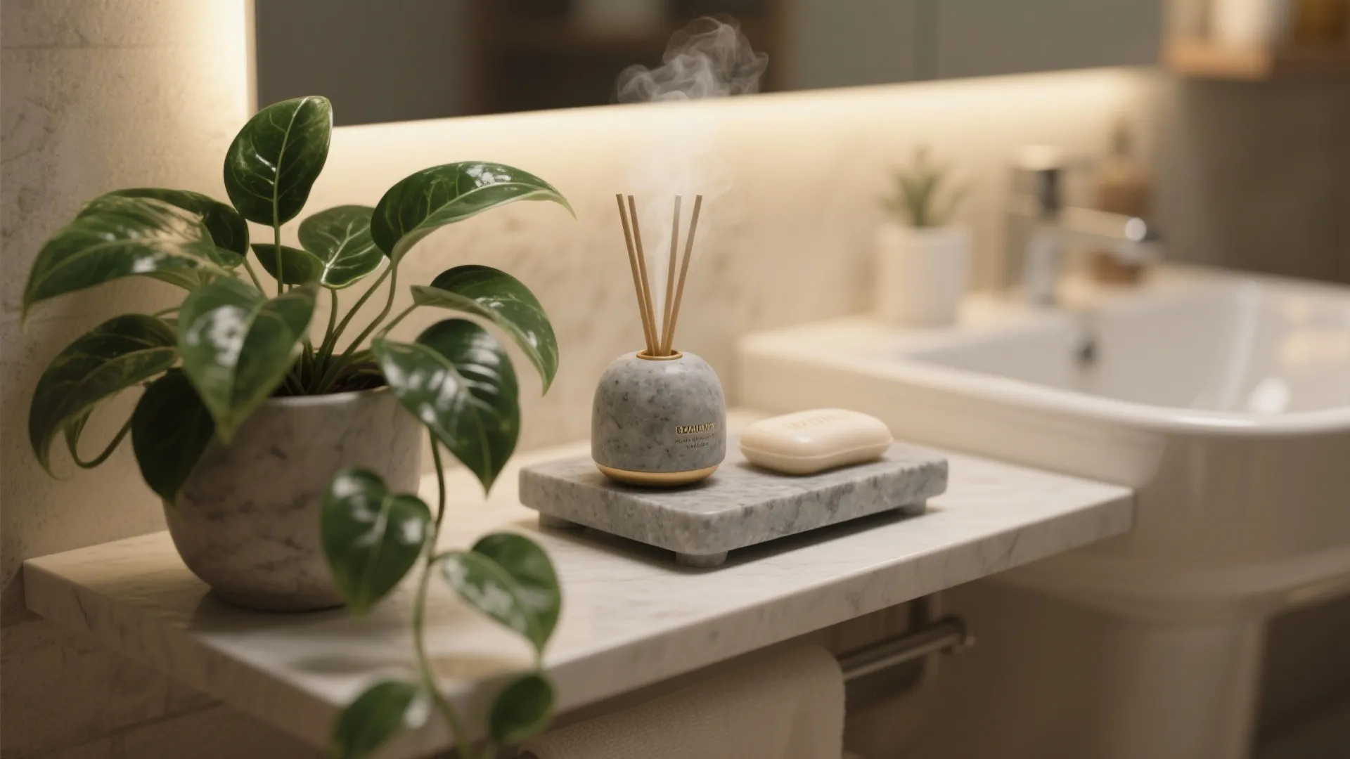 Bathroom counter with green plant in marble pot next to a scent diffuser and soap