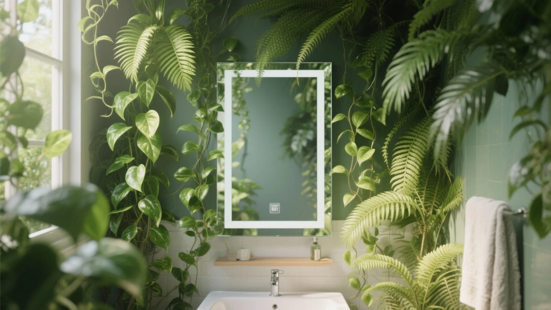 Bathroom mirror decorated with trailing green plants like pothos and ferns