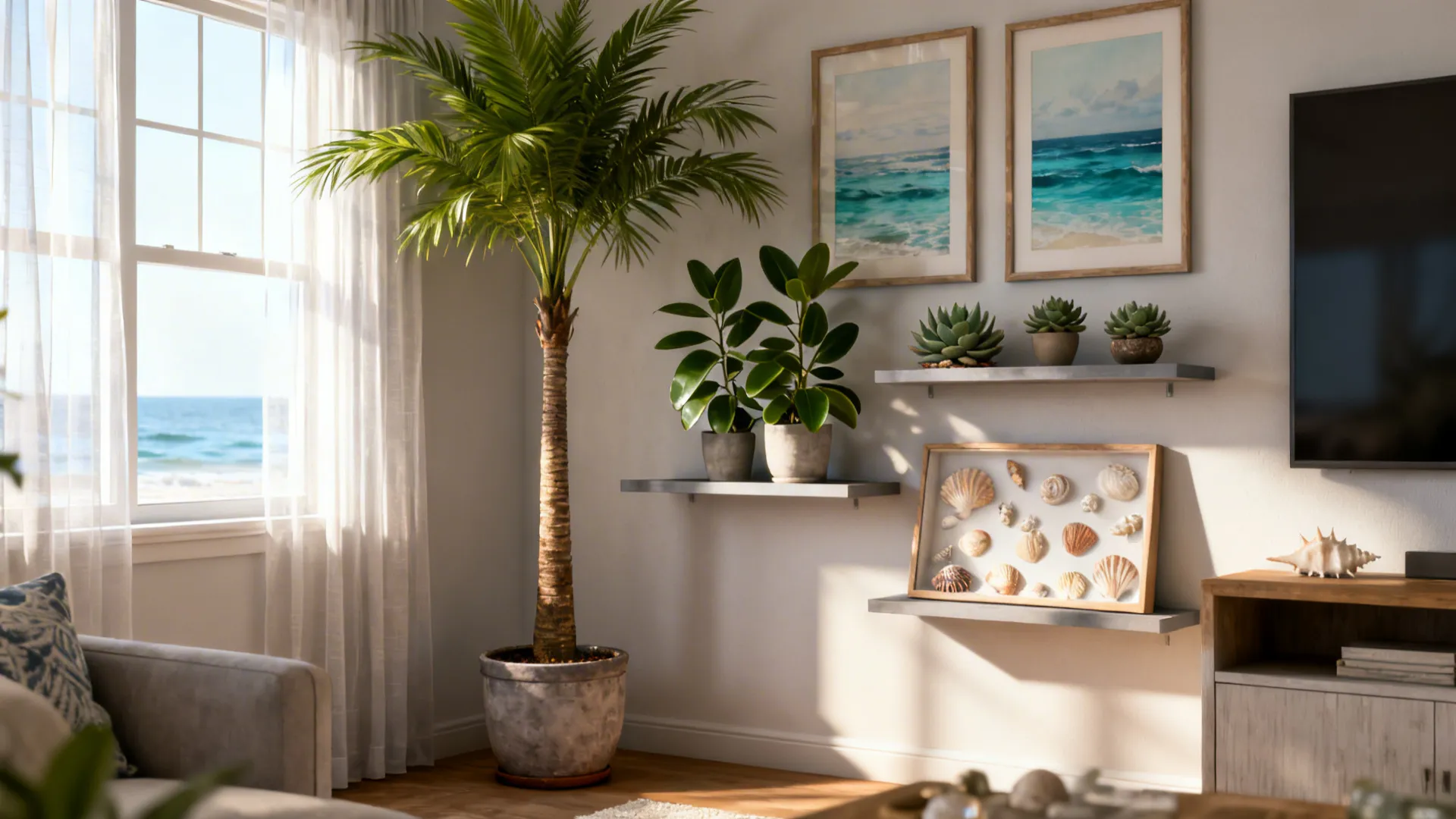 Corner with a potted palm, succulents, and ocean-inspired art on floating shelves