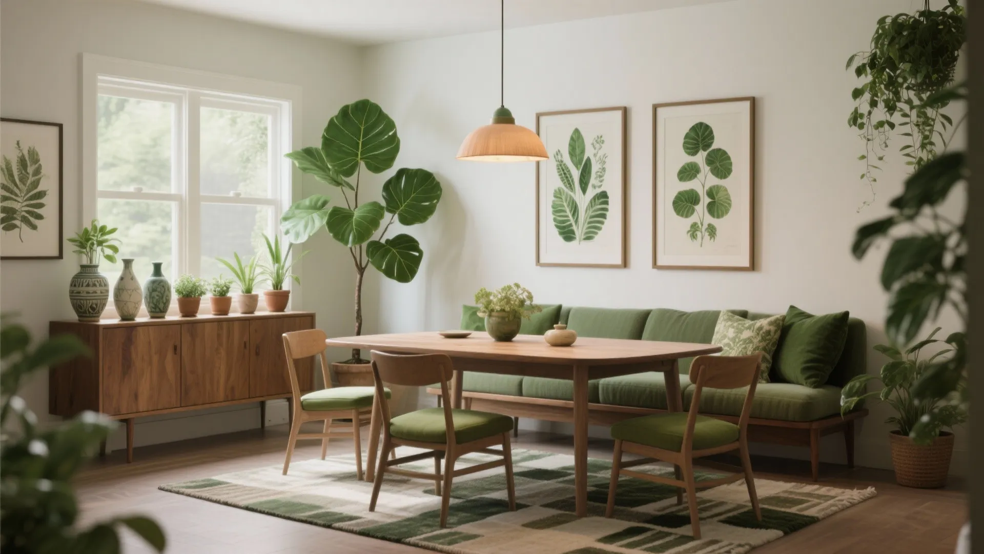 Dining room with wooden table and chairs plus green sofa and many indoor potted plants