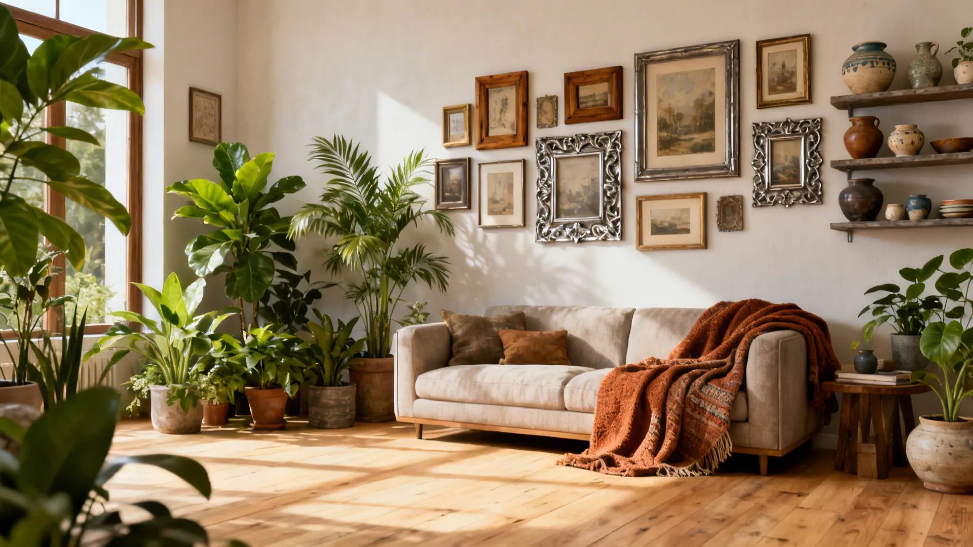 Living room with pale hardwood floors, mixed-height plants and eclectic gallery wall.