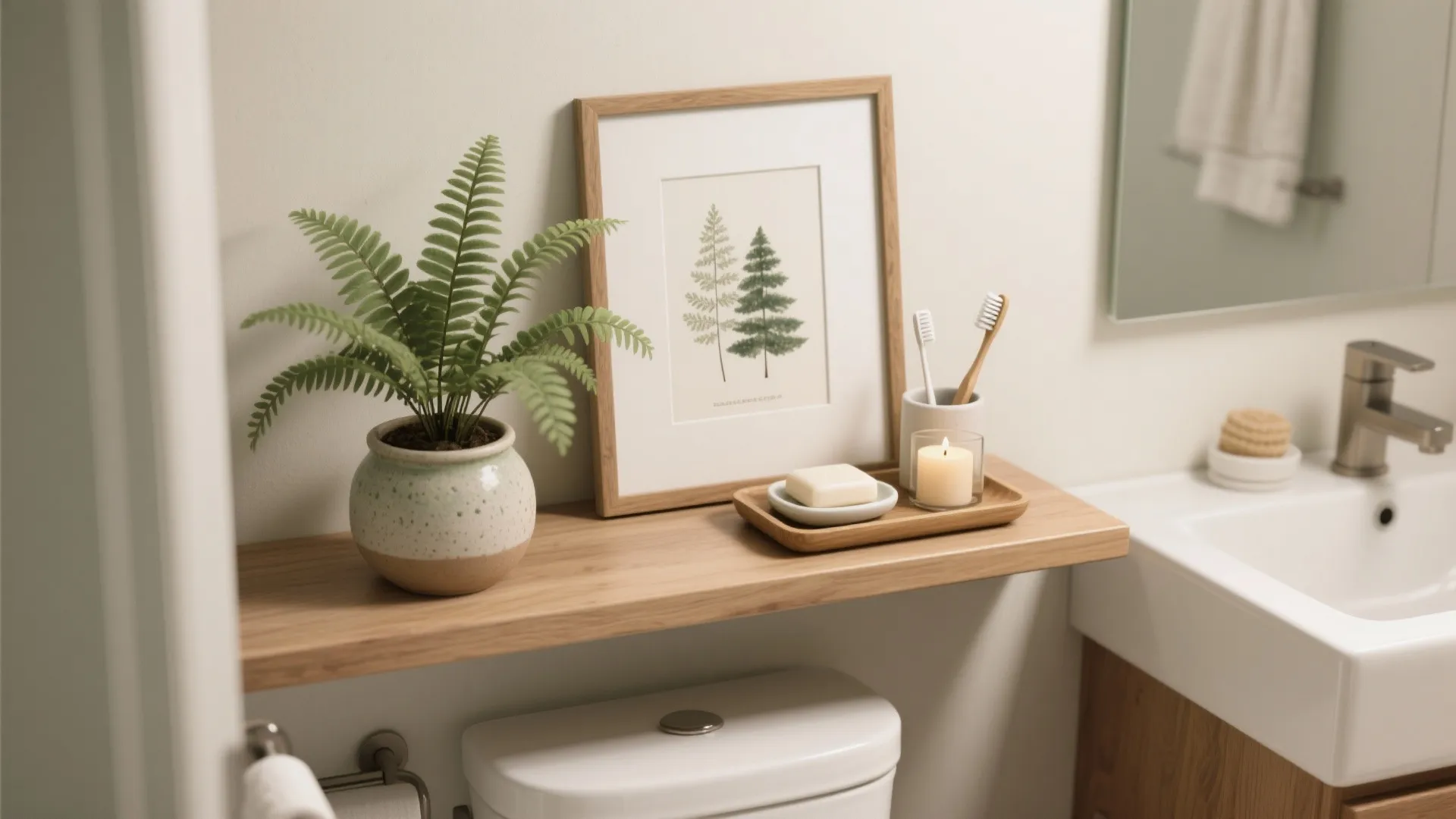 5. Small green plants, art, and curated trays